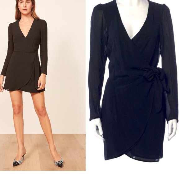 REFORMATION BLACK MINI WRAP DRESS SIZE‎ MEDIUM EUC - Picture 2 of 4
